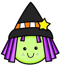 a cartoon witch's hat with purple hair and a star on the top is smiling