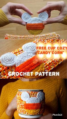 the crochet cup cozyy candy corn pattern is shown in three different colors