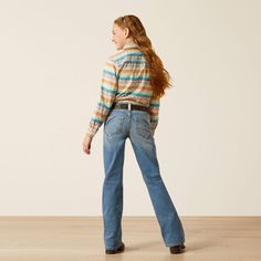 A versatile, easy-to-wear jean that goes from school to the barn and everywhere in between. Laser detailing on the back pockets adds iconic Ariat style. Style: 10051880 Five-pocket styling Slim fitting through thigh 17" boot cut leg opening stacks perfectly over boots Model is 4'7" wearing size 10 12.6 oz ring-spun denim Performance Stretch lets the fabric move with your body 99% Cotton, 1% Elastane Denim Jeans With Pockets For Ranch, Straight Leg Denim Jeans For Ranch, Medium Wash Jeans With Pockets For Rodeo, Medium Wash Bottoms With Pockets For Ranch, Denim Bottoms For Rodeo In Fall, Fall Flare Jeans With Hip Pockets, Medium Wash Flare Jeans For Rodeo In Fall, Medium Wash Denim Jeans For Ranch, Casual Light Wash Bottoms For Rodeo