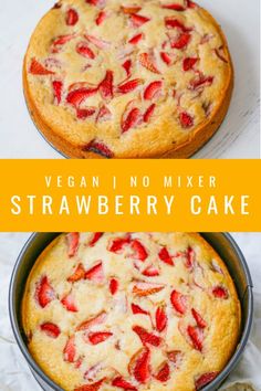 two cakes with strawberries in them and the words vegan nomixer strawberry cake