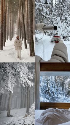 there is a person standing in the snow by a window and looking out at trees