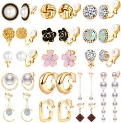 PRICES MAY VARY. Womens Clip on Earrings Set:Each order you will receive 16 pairs different styles non pierced earrings:10 pairs clip on stud earrings,4pairs dangle clip on earring,1pair hoop clip on earrings,1pair geometric clip on earrings. The design elements contains crystal, faux pearl, flower, cz,twist and so on,these elegant clip earrings can satisfy your different everyday dress up demands. Earrings Material&Size: These womens clip-on earrings are made of cz,faux pearls,and environmental Earrings For Teens, Piercing Clip, Clip On Earring, Jewelry Care Instructions, Pearl Design, Grad Dresses, Earrings Crystal, Earrings Pearl, Enamel Earrings