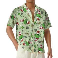 TAILOR-MADE TROPICAL STYLE 🌴 Our Hawaiian shirts are crafted just for you, not pre-made. Allow 3-6 business days for production. Please review all product details like type, size, and shipping address carefully before ordering to ensure accuracy. VIBRANT DESIGNS AND HIGH-QUALITY MATERIALS 🎨 Material: 100% polyester for softness and comfort. Features: Soft fabric with an open collar and round buttons ensures comfort with every wear. ❗ Color Disclaimer: Actual colors may slightly differ from online images due to monitor and lighting variances. SIZING GUIDE 📏 Achieve the perfect fit by following our detailed sizing guide (available in the last photo). We suggest using a tape measure for accuracy. Note: Manual measurements could vary by 1 - 1.5 inches. SHIPPING DETAILS 🚚 Shirts are shipped Green Button-up Casual Hawaiian Shirt, Green Tropical Print Button-up Shirt, Grinch Movie, Mens Grinch Shirt, Grinch Shirts, The Grinch Movie, Green Cotton Hawaiian T-shirt, Palm Tree Print Button-up Hawaiian Shirt For Beach, Christmas Grinch