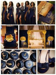 a collage of photos showing different types of blue and gold wedding colors, including the bridesmaid's dress