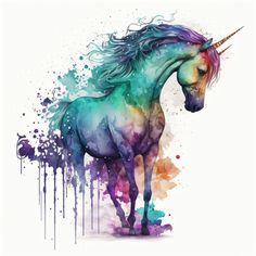 a watercolor painting of a rainbow unicorn