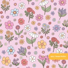 a pink background with colorful flowers and leaves