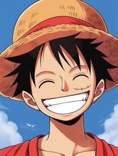 a man wearing a straw hat with his eyes closed and mouth wide open, smiling at the camera