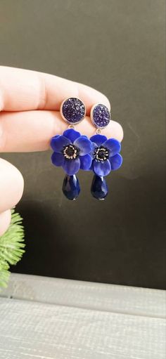 Blue 3d Flower Drop Earrings, Blue Flower Earrings With 3d Flowers, Blue Flower Charm Drop Earrings, Blue Flower Earrings With Ear Wire For Party, Blue 3d Flowers Earrings, Elegant Blue Earrings With 3d Flowers, Blue Elegant Earrings With 3d Flowers, Elegant Blue Drop Earrings With Flower Charm, Blue Drop Earrings With Flower Charm