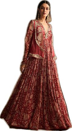 Ridhi Mehra-Dazzle Red Ochre Printed Anarkali And Jacket-INDIASPOPUP.COM Complementary Design, Organza Jacket, Ridhi Mehra, Printed Anarkali, Long Anarkali, Red Ochre, Embroidered Crop Tops, Ethnic Looks, Print Chiffon