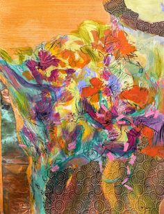 an abstract painting of flowers in a vase