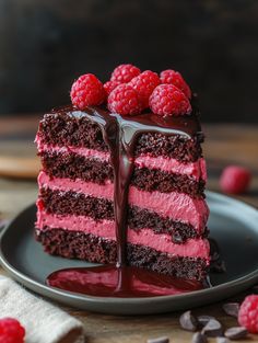 a slice of chocolate cake with raspberries on top