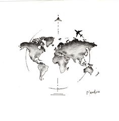 a black and white drawing of an airplane flying over the world