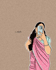 a woman is taking a selfie with her cell phone while wearing a pink sari