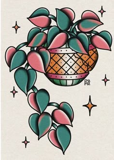 a drawing of a potted plant with stars around it