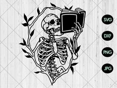 a skeleton with a computer on it's back is shown in black and white