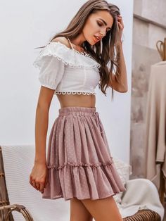 Simplee Rosa Bainha de Ruffle Simples Boho Saia | SHEIN Brasil Dusty Pink Style, Style Hippie Chic, Short Pollera, Ruffle Mini Skirt, Beach Skirt, Polka Dot Skirt, Dot Skirt, Floral Fashion, Pink Skirt