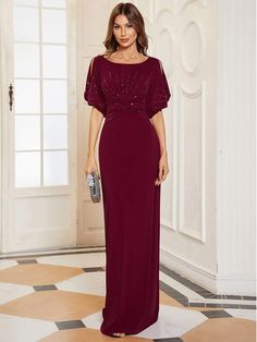 Color=Burgundy | Trendy Round Neck Floor Length Evening Dress For Women-Burgundy 1 Wedding Guest Dress With Sleeves, Evening Dress With Sleeves, Blue Wedding Guest Dresses, Marina Dress, Mermaid Evening Dress, Female Clothes, Evening Dresses With Sleeves, Evening Dress Floor Length, Blue Evening Dresses