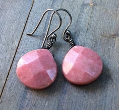 Sterling silver  Pink Rhodonite dangle earrings.  Natural Rhodonite drops.  Opaque gemstone.  Rhodon Rhodonite Jewelry, Pink Rhodonite, Diy Jewelry Earrings, Feminine Jewelry, Earrings Gemstone, Tarnished Silver, Set Earrings, Buy Crystals, Sterling Silver Jewelry Handmade