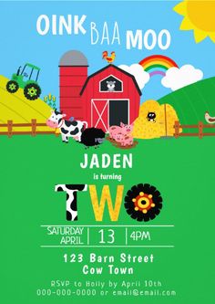 an image of a farm birthday party with animals on the farm and rainbow in the background