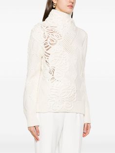 white virgin wool blend ribbed-knit edge lace detailing roll neck long sleeves straight hem Size Info STANDARD Color Detail White Made In Italy Material Virgin wool 50% Acrylic 50% Season One Fall-Winter Season Two Fall-Winter Product sweaters Brand Ermanno Scervino Size And Fit This piece fits true to size. We recommend you get your regular sizeModel is 1,75m / 5ft 8in wearing size S Trench Dress, Knit Edge, Embroidered Wool, Trench Jacket, Ermanno Scervino, Cape Coat, By Malene Birger, Blazer With Jeans, Sweater Brands