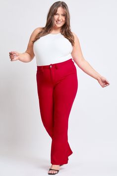 Be an absolute showstopper in our Junior Plus Size Hyperstretch Forever Color High-Rise Flare Pants. Designed with a slim fit through the thigh, this pant flares from knee to ankle for an ultra-flattering, leggy look. Featuring a five-pocket construction with false front pockets, a single-button closure with front zip, and belt loops. This fabric has been improved for greater color fastness, making it withstand more wear and washes. This is why we named this pant "Forever Color": it will be fore High Waist Stretch Red Leggings, High Waist Red Stretch Leggings, Red High-waist Stretch Leggings, Red High Waist Stretch Leggings, Red Stretch Full-length Pants, Red Stretch Full Length Pants, Red Stretch Wide Leg Jeans, Tight Red Elastane Bottoms, Full-length Red Elastane Pants