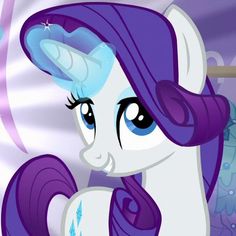 a purple pony with long hair and blue eyes