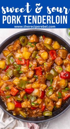 sweet and sour pork tenderloin in a skillet on a white table with text overlay