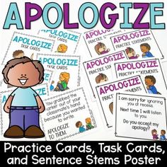 two posters with the words apoloize, practice cards, and sentence stems poster