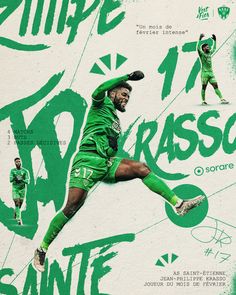 a man kicking a soccer ball on top of a green and white poster with words above it