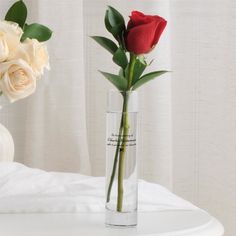 there is a vase with two roses in it