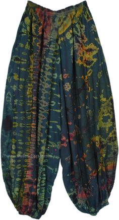 These harem-style pants feature a distinctive tie-dye pattern, combining deep greens, teal blues, and hints of red and yellow for a vibrant look.  Made from soft, breathable rayon, these pants offer a relaxed and comfortable fit, perfect for casual wear. #tlb #SplitSkirtsPants #TieDye #bohemianfashion #hippieloungepants Green Bohemian Harem Pants With Loosely Fitted Hips, Bohemian Green Harem Pants With Loose Fit, Green Bohemian Harem Pants, Green Harem Pants For Festival, Green Festival Pants For Spring, Spring Festival Green Pants, Tie Dye Harem Pants, Simple Tank Tops, Green Clothing