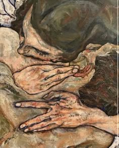 a painting of two people laying on top of each other with their arms around one another