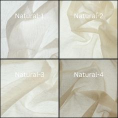 four pictures showing the different types of sheer fabric for curtains and upholstered bedspreads