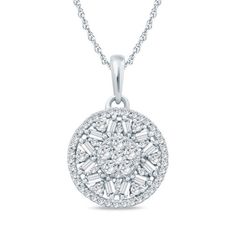 She'll adore the detail and dazzle of this dainty diamond pendant. Crafted in cool 10K white gold, this round composite features a centerpiece of sparkling round diamonds wrapped in a zigzag pattern of baguette-cut and round diamonds. A border of diamonds completes the petite dangle. Radiant with 1/2 ct. t.w. of diamonds and a bright polished shine, this pendant suspends along an 18.0-inch rope chain that secures with a spring-ring clasp. White Diamond Necklace With Baguette Diamonds For Anniversary, Diamond White Necklace With Baguette Diamonds, White Cubic Zirconia Diamond Necklace With Baguette Diamonds, Anniversary White Diamond Necklace With Baguette Diamonds, Anniversary White Diamond Necklace With Baguette Cut, Baguette Diamond Necklace For Anniversary, Fine Jewelry Diamond Necklace With Baguette Diamonds, Anniversary Diamond Necklace With Baguette Diamonds, White Gold Round Diamond Necklace With Baguette Diamonds