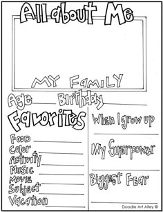 an all about me activity sheet with the words, my family and friends on it