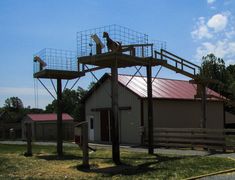 two people are sitting on the top of a metal structure in front of a barn