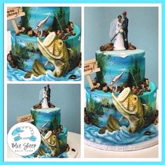 a wedding cake is decorated with fish and fishermans