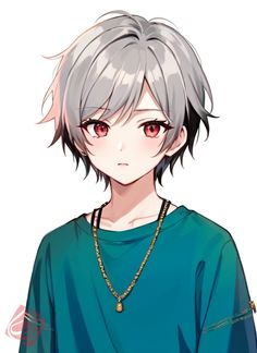 an anime character with grey hair and red eyes, wearing a green shirt while standing in front of a white background