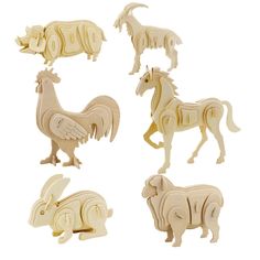 six wooden farm animals are shown in this set