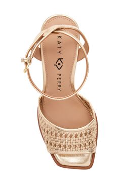 A woven upper creates textural intrigue on a lofty sandal set on a chunky platform and flared block heel. 4 1/4" heel; 1" platform Adjustable ankle strap with buckle closure Memory foam cushioning Synthetic upper and lining/synthetic and rubber sole Imported Gold Elegant Platform Sandals, Gold-tone Hardware Block Heel Sandals, Gold Sandals With 4-inch Heel Medium Width, High Heel Sandals With Gold-tone Hardware For Parties, Gold Synthetic Wedge Sandals With 4-inch Heel, Hairstyling Products, Makeup Bronzer, Rollerball Perfume, Sam Edelman Shoes