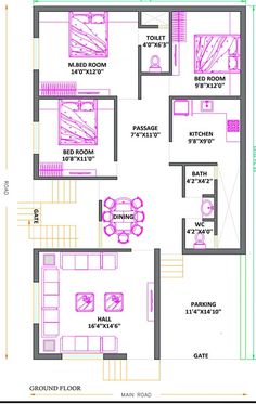 the floor plan for a house with three bedroom and an attached living room, including a kitchen