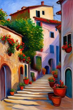 Tuscan Staircase in The Village Painting Art Print Balance Drawing, Tuscan Art, Village Painting, Italian Landscape, Tuscan Style, Paintings Art Prints, Bottle Painting, Vintage Art Prints, Window Box