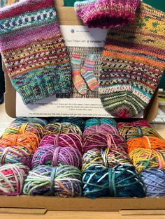 a box filled with lots of different colored yarn