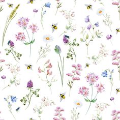 watercolor flowers and bees on a white background seamless wallpaper pattern with wildflowers