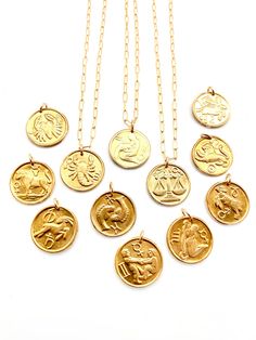 Simply gorgeous little vintage brass zodiac charms from the 1970's. All 12 signs available. This listing is for the your choice of charm with 15, 16, 17 or 18-inch gold-filled paperclip chain chain. You may purchase other single charms in my other listings. These are perfect to layer with other charms. Wear your sign, or wear your boyfriends or kids signs. Wear just one on a chain, or wear a bunch! These are approximately dime-sized and have an organic handmade look to them. Great birthday gift. Gold Brass Celestial Charm Necklaces, Gold Celestial Charm Necklace With Zodiac Sign, Gold Celestial Zodiac Sign Charm Necklace, Celestial Style Gold Charm Necklace With Zodiac Sign, Celestial Style Gold Zodiac Sign Charm Necklace, Vintage Zodiac, Family Man, Zodiac Birthdays, 12 Signs