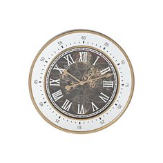 a white and gold clock with roman numerals on the face is against a white background