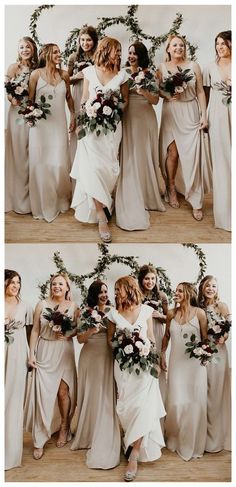 the bridesmaids are all dressed in different styles and colors, posing for pictures