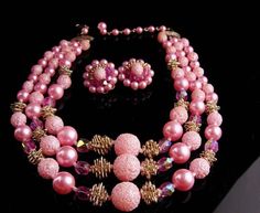 Vintage pink Sugar bead necklace - Vintage clip on earrings - 3 strand Japan pearl choker  - mother Gift Costume, Sugar Beads, Mother Of The Bride Gift, Jewelry Girl, Vintage Clip On Earrings, Wedding Bottles, Pink Sugar, Cluster Necklace, Bride Gift