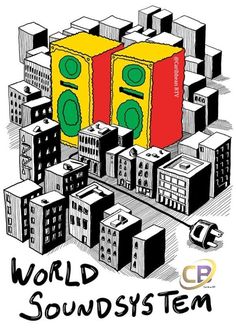 the words world sound system are in front of an image of city buildings and traffic lights