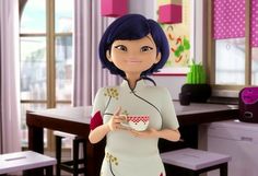 an animated woman holding a cup in her hand and standing next to a dining room table